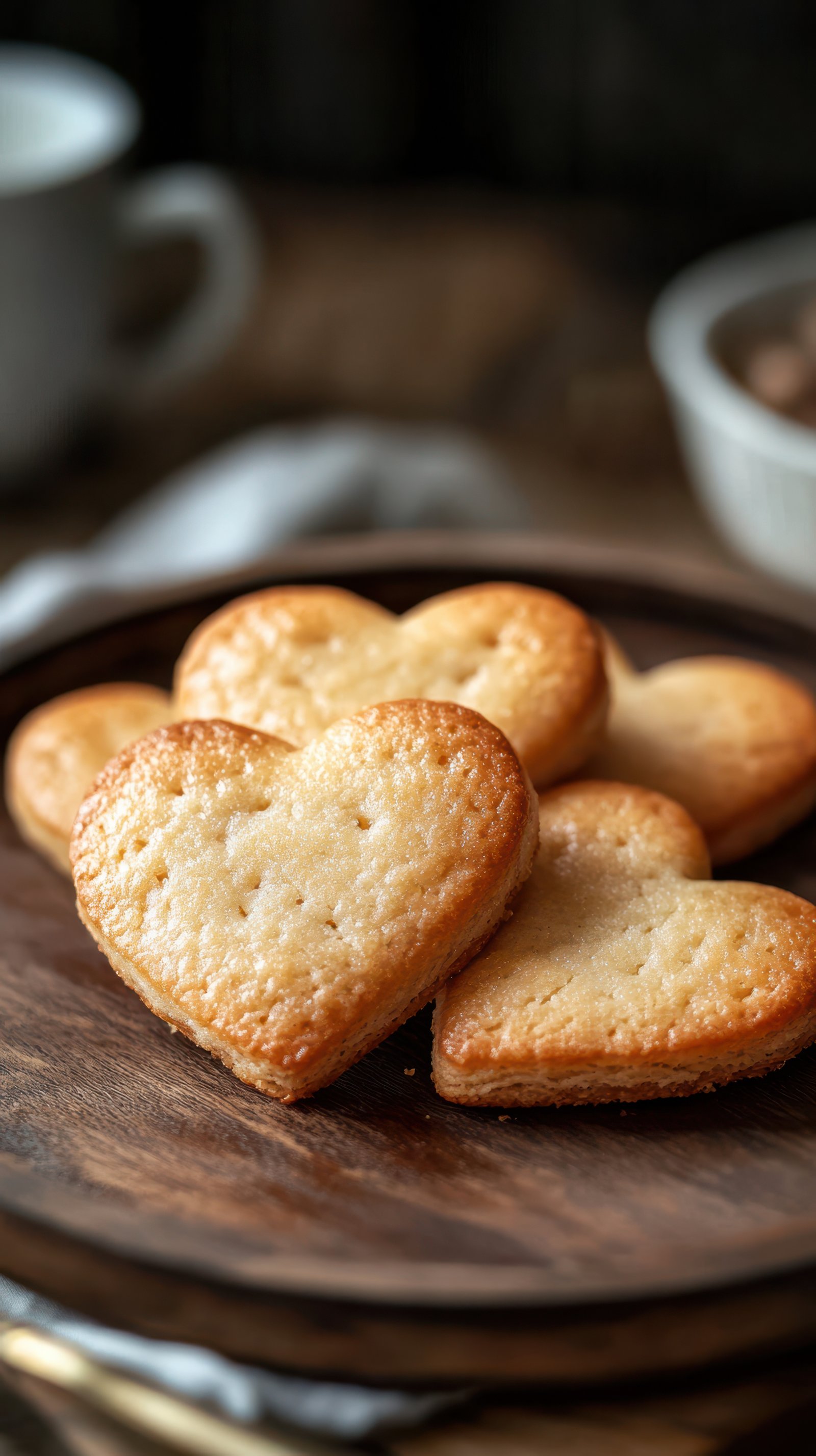 Heart-shaped cookies on a wooden plate surrounded by warm kitchen ambiance